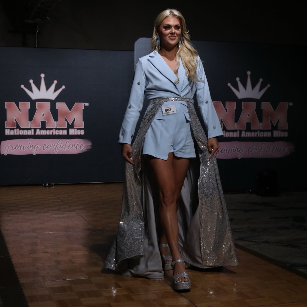Light Blue Blazer Dress with Silver Accents